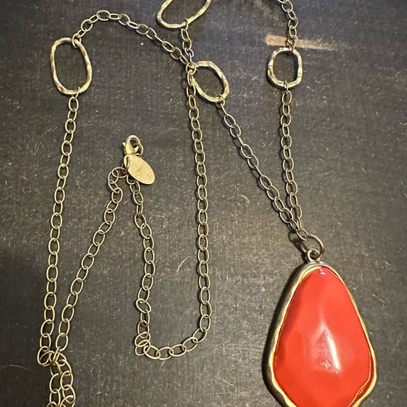 Goldtone Statement Coral Color Stone/Glass (?) Pendant SOFIA NECKLACE - Picture 6 of 8